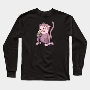 Cute Monkey Eating Yellow Banana Long Sleeve T-Shirt